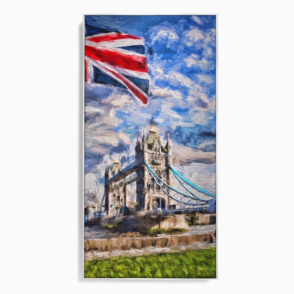 Tablou canvas cu tablou canvas cu tower bridge si steagul marii britanii, in rama de aluminiu argintiu